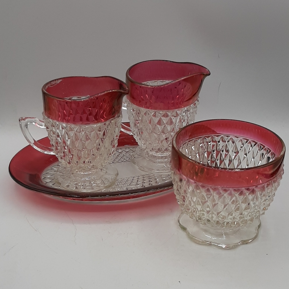 Vintage Indiana Glass Ruby Diamond Point Glass Creamers and Sugar and Tray